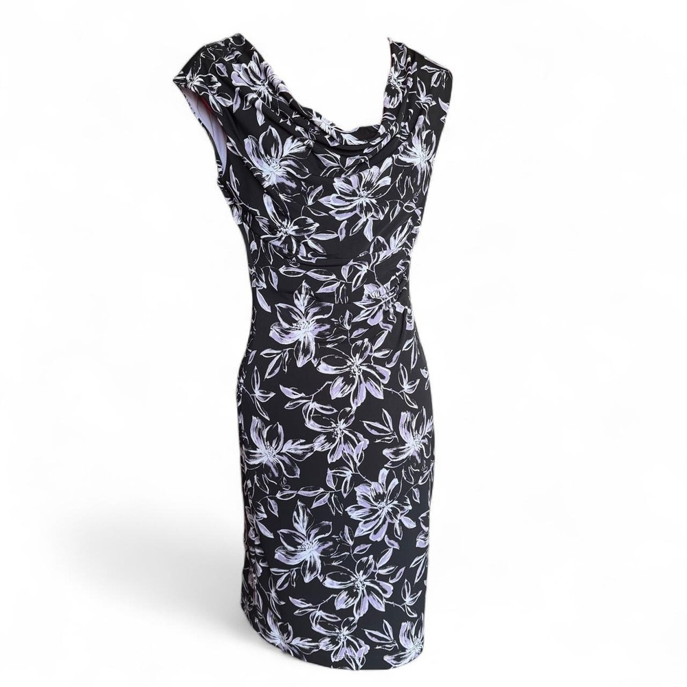 Connected Apparel black and light purple floral dress with cowl neck size 6